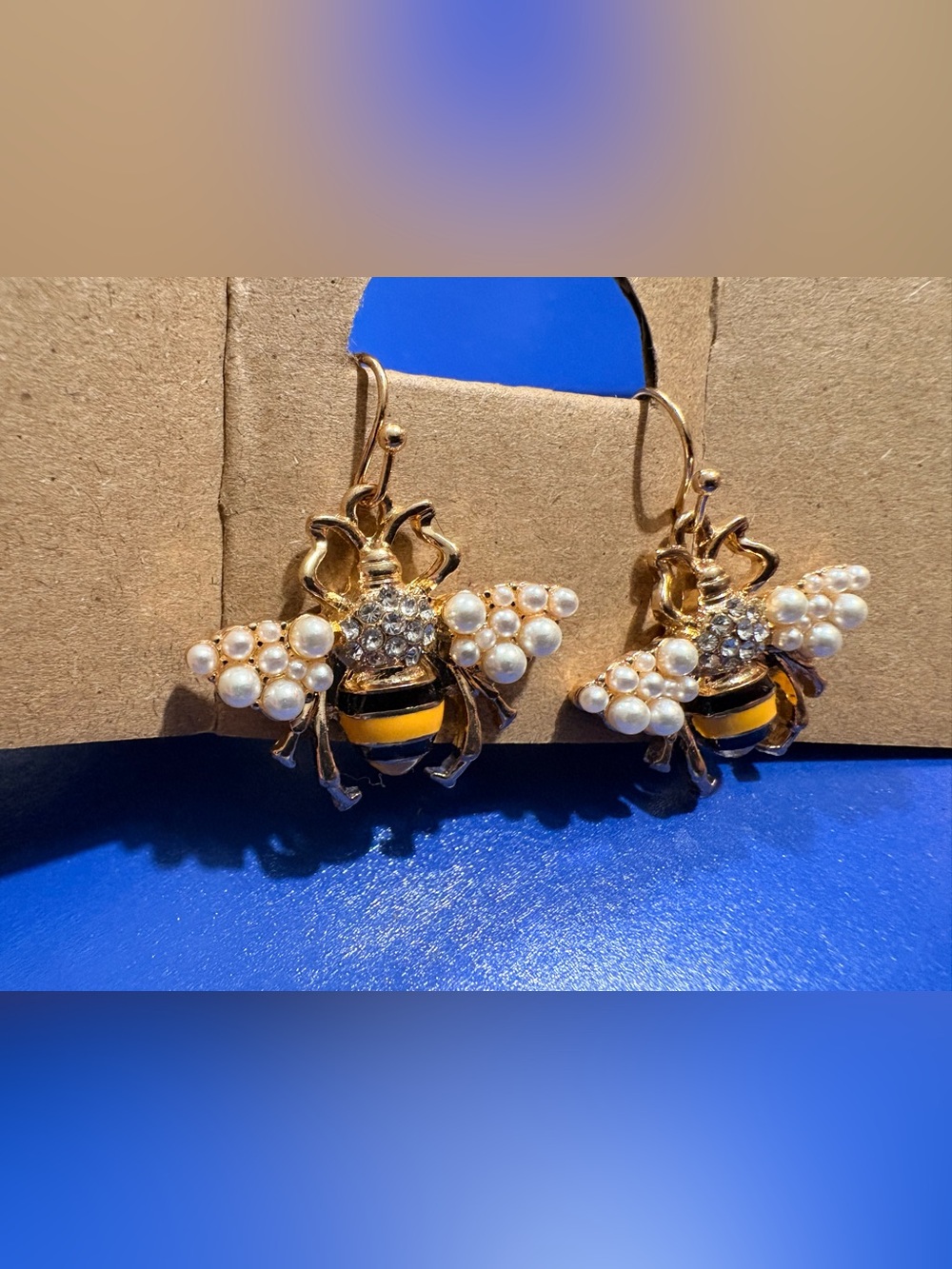 Gold Bee Drop Earrings with Pearl Wings - Elegant Women Jewelry
